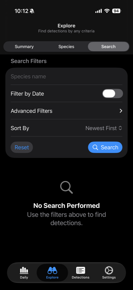 Explore Search page with species, date, and advanced filters