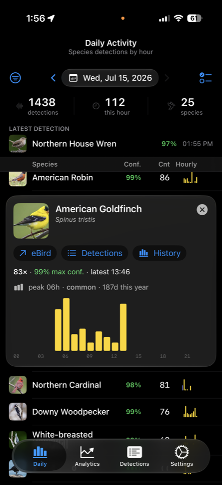 American Goldfinch detail card with hourly detection chart and eBird, Detections, and History buttons