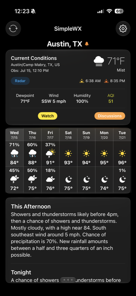 Seven-day forecast and current conditions for Austin, TX