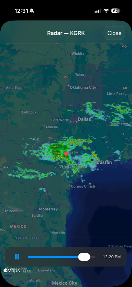 Live radar map showing storms over central Texas