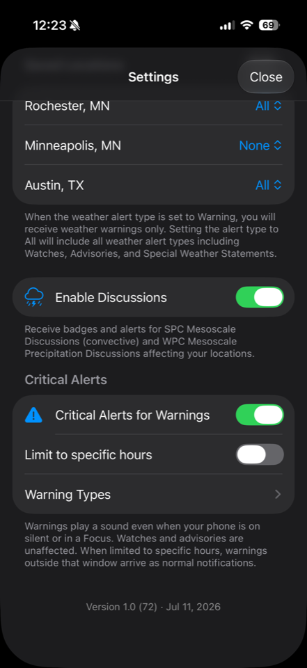 Critical Alerts settings with quiet hours option