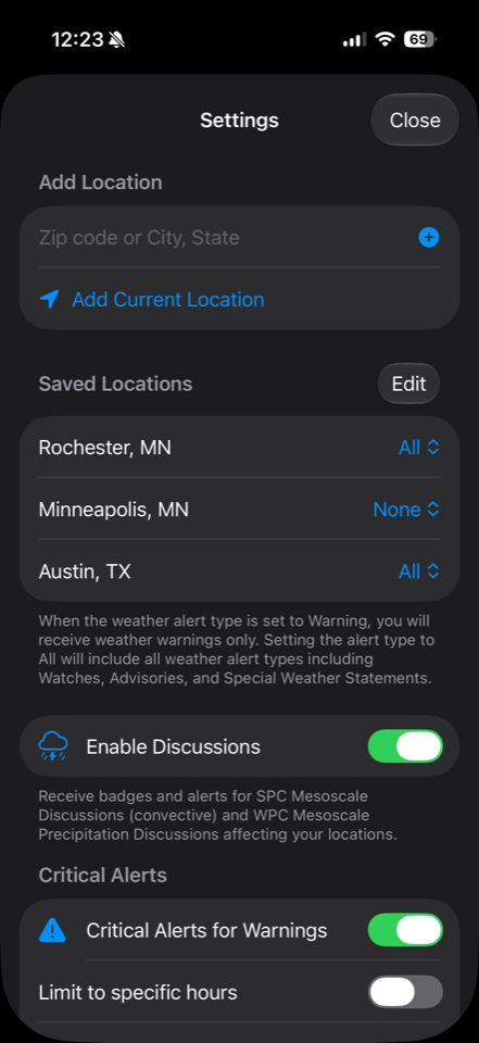 Settings screen with saved locations and per-location alert levels