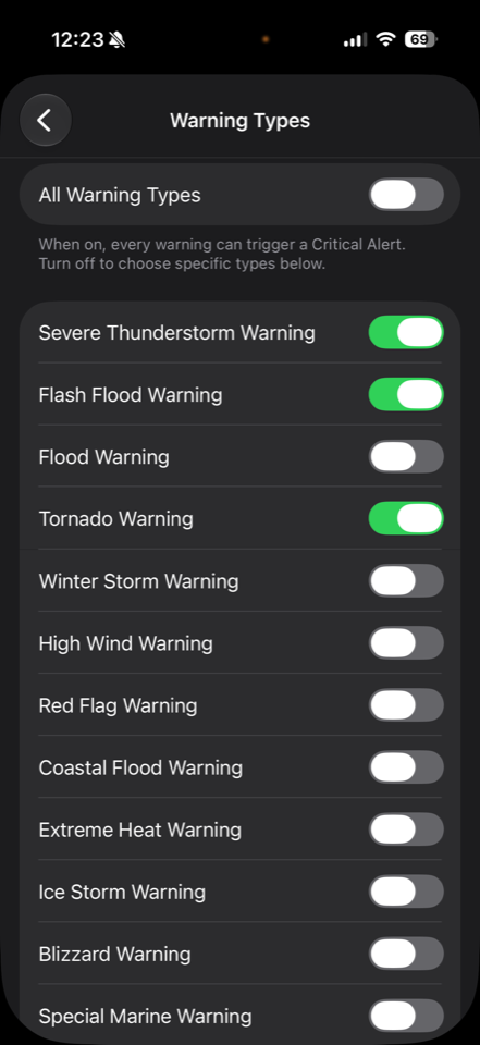 Per-warning-type Critical Alert selection list