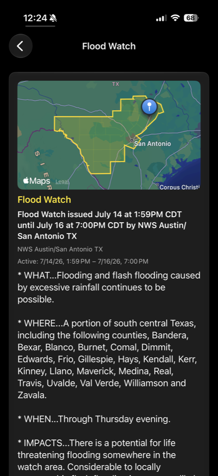 Flood Watch detail with the full NWS alert text