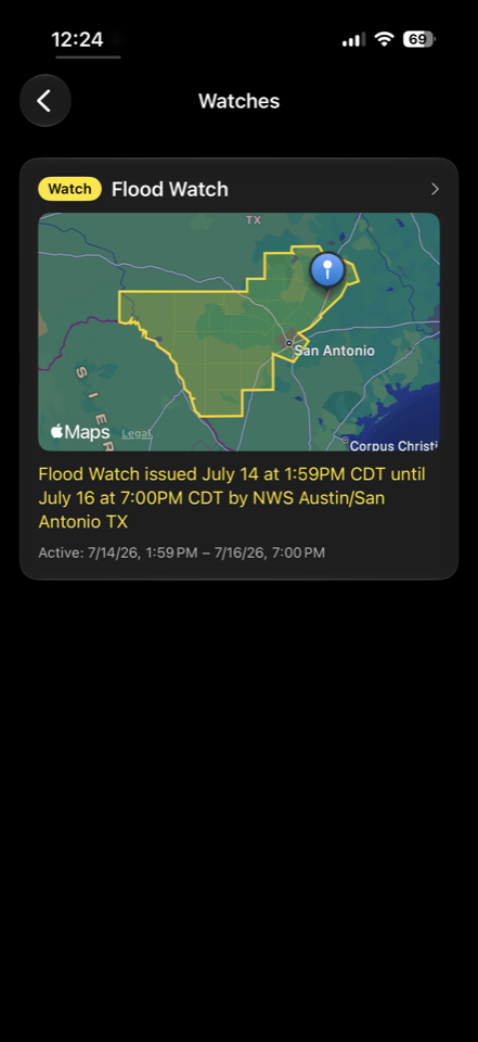 Active Flood Watch shown with its area drawn on a map